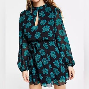 Bar III Dress Womens size M Black Green Floral Cinch Waist Sheer Lined